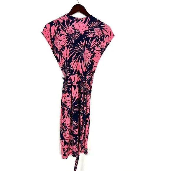 Maggy London Womens Sz 8 Pink And Blue Tropical Floral Cap Sleeve Wrap Dress N4 - Picture 4 of 12